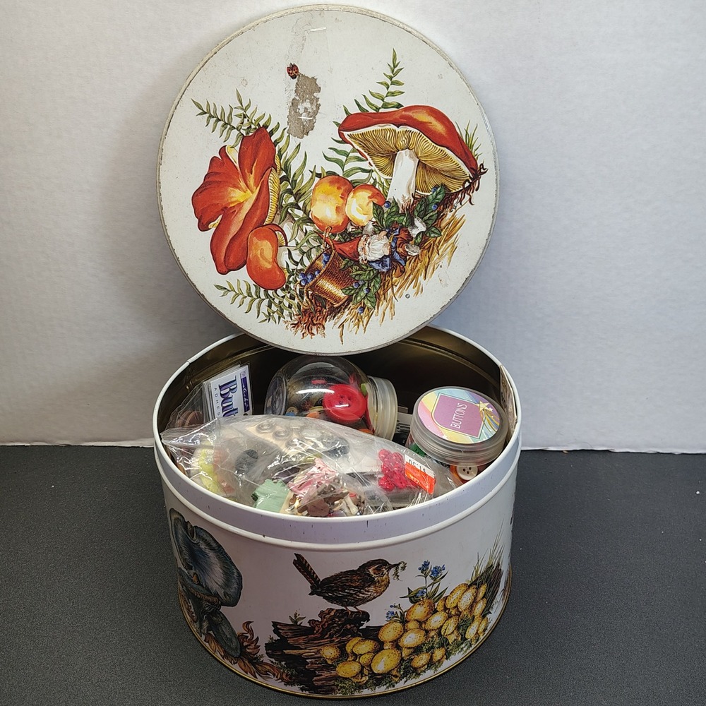 Vintage Mushroom Gnome Tin Sewing Button Lot Multicolor Mixed Craft Supplies